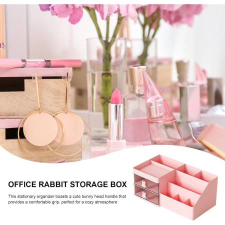 Cutie de Depozitare pentru Birou,  Pentru Makeup, Papetarie, Organizator Cosmetice, 2 Sertare si Compartimente Multiple, Model Iepuras, Plastic, 27.5x15.5x12 cm, Roz