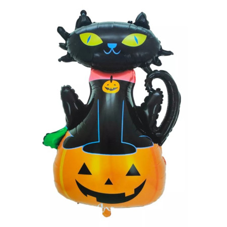 Set 5 Baloane din Folie Metalizata, Cyrax, Figurine, Tema Halloween, Pai Inclus, Ambalaj Individual, Umflare cu Aer sau Heliu, Figurina Dovleac si Pisica 90x60 cm, Stelute si Cerculete 45 cm, Portocaliu-Negru