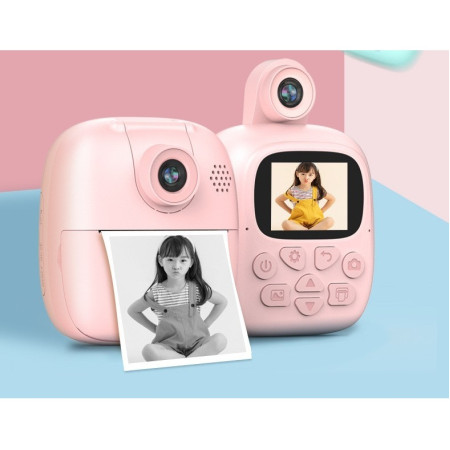 Camera Instantanee pentru Copii, Cyrax, Camera Frontala + Selfie, cu Functie de Printare, Cablu USB-C, Bluetooth, Compatibil iOS/Android, Imprimare APP, Model Bunny, Roz