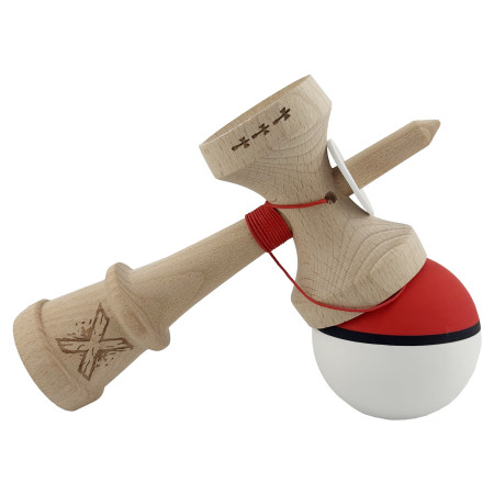 Kendama X Originala, Profesionala, Cyrax, Cupe Mari KING SIZE V3, Rubber Grip, Gaura in Baza, Rulment Metalic, din lemn 18 cm, Ata 62/65 cm, S Bicolor Rosu/Alb