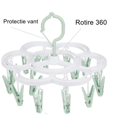 Uscator de Rufe Suspendat  cu 16 Carlige, Rotire 360 Grade, Mateiral Plastic, Usor de Depozitat, Multifunctional, 26 x 21 cm, Verde
