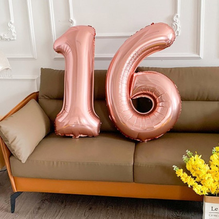 Balon din Folie Metalizata Cyrax, Figurina Cifra, Tema Aniversare 40 cm, Ambalaj Individual, Pai inclus, Umflare cu Aer sau Heliu, Roz Gold, Cifra 6