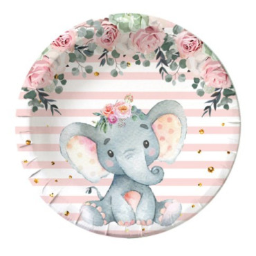 Set 10 Farfurii Unica Folosinta, Cyrax, Imprimeu Elefant, din Carton, 22 cm, Roz