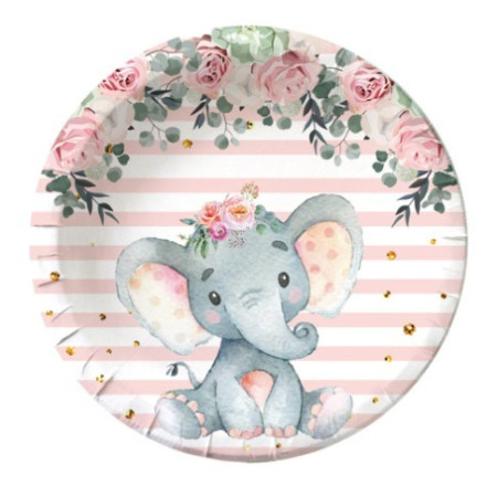 Set 10 Farfurii Unica Folosinta, Cyrax, Imprimeu Elefant, din Carton, 22 cm, Roz