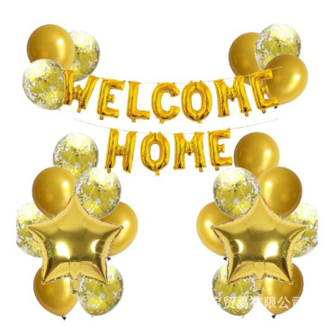 Set baloane folie si latex, Cyrax, WELCOME HOME, 22 de piese, 20 baloane latex, 2 baloane stea Folie, 1 set Welcome Home, Auriu
