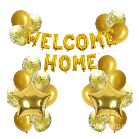 Set baloane folie si latex, Cyrax, WELCOME HOME, 22 de piese, 20 baloane latex, 2 baloane stea Folie, 1 set Welcome Home, Auriu