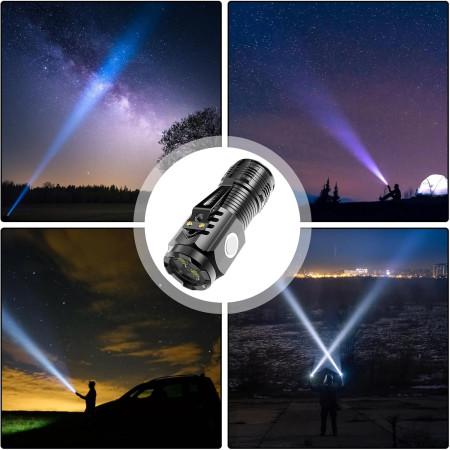 Lanterna cu 3 Nuclee Led,  Incarcare USB, Autonomie 4-20h, Raza Maxima 100-200 m, 5W, 4 x 4 x 9 cm, Suport de Agatat, Fund Magnetic, Negru