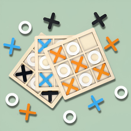 Jucarie Montessori Tic Tac Toe, Cyrax, Educativa, Interactiva, din lemn, X si O, 9 Piese, 14.3x14.3 cm, Albastru Alb