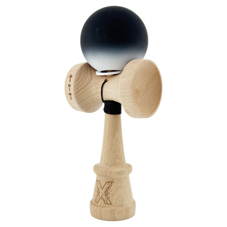 Kendama X Originala, Profesionala, Cyrax, Cupe Mari KING SIZE V3, Rubber Grip, Gaura in Baza, Rulment Metalic, din lemn 18 cm, Ata 62/65 cm, Gradient Negru/Alb