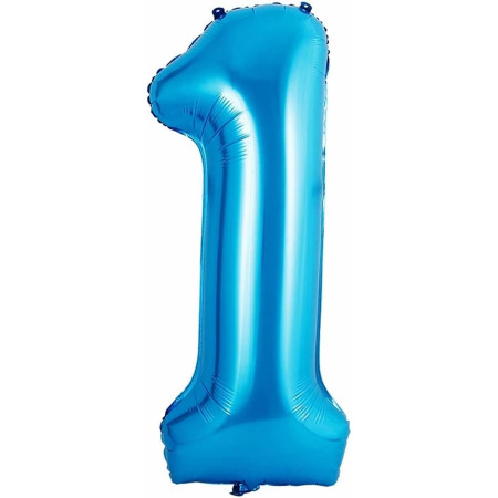 Balon din Folie Metalizata Cyrax, Figurina Cifra si Coroana, Tema Aniversare 100 cm, Ambalaj Individual, Pai inclus, Umflare cu Aer sau Heliu, Albastru, Cifra 1