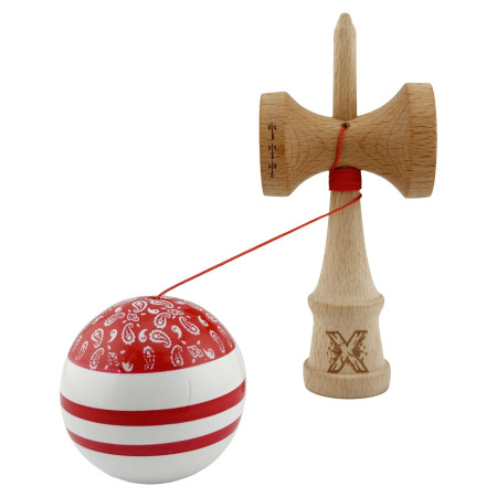 Kendama X CHICANOS Originala, Profesionala, Cyrax, Big Cups V2, Super Sticky cu Cupe Mari, Rulment Metalic, din lemn 18 cm, Ata 55 cm, Rosu/Alb