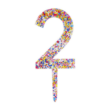 Decoratiune Topper pentru Tort, Cyrax, din Acrilic cu Fulgi de Sclipici, Model Cifra 2, Inaltime 18.5 cm, Transparent Multicolor