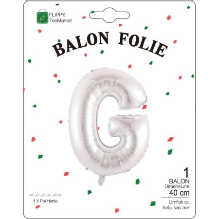 Balon Folie Metalizata Litera G, Cyrax, 40 cm, Umflati cu Heliu sau Aer, Ambalaj Individual, Pai inclus, Argintiu