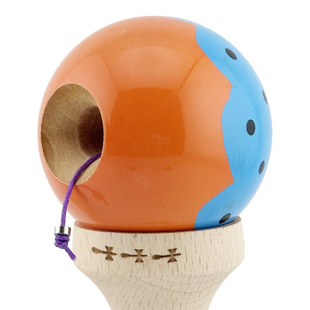 Kendama X Originala, Profesionala, Cyrax, Big Cups V2, Super Sticky cu Cupe Mari, din lemn 18 cm, Rulment Metalic cu Ata 55 cm, Albastru/Portocaliu