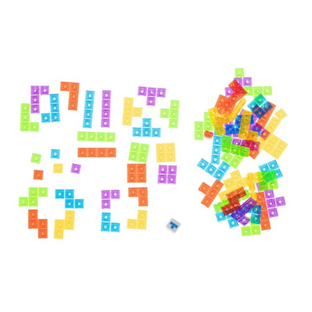 Joc de inteligenta Tetris puzzle tangram Cyrax, 70 de piese multicolore, 3D, montessori, interactiv, din plastic, zar inclus, sac depozitare piese, varsta peste 6 ani, 23 x 19.8 x 5 cm, cadru galben