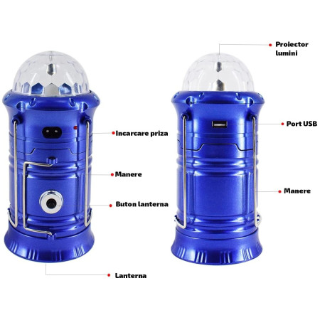 Lanternă pliabilă de camping Magic cool cu ​​lampă disc și USB  Lanterna, Felinar, Acumulator 1200 mAh, reincarcabila, 6 LED + 1 W + 3C culori, Albastru