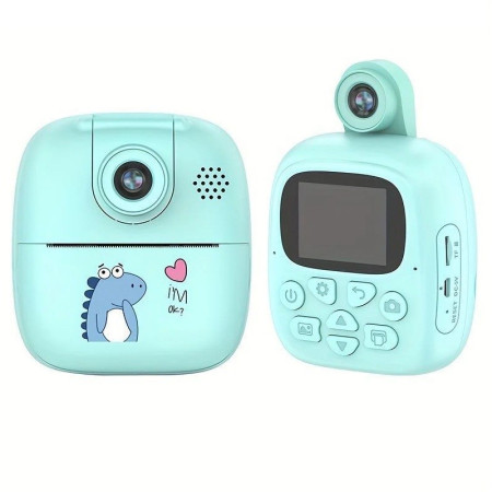 Camera Instantanee pentru Copii, Cyrax, Camera Frontala + Selfie, cu Functie de Printare, Cablu USB-C, Bluetooth, Compatibil iOS/Android, Imprimare APP, Model Dino, Albastru