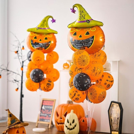 Set 5 Baloane din Folie Metalizata, Cyrax, Figurine, Tema Halloween, Pai Inclus, Ambalaj Individual, Umflare cu Aer sau Heliu, Figurina Dovleac 54x87 cm, Stelute si Cerculete 45 cm, Multicolor