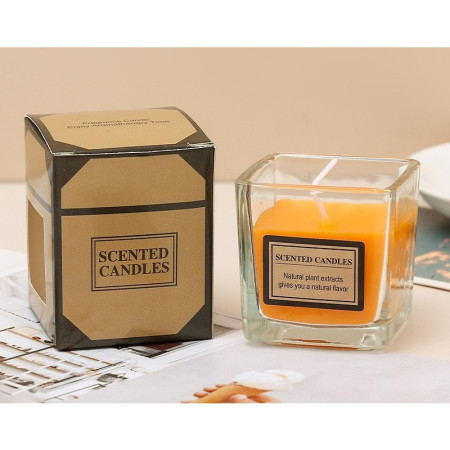 Lumanare Parfumata,  Model Pahar Transparent, cu Ulei Esential, 4.8 x 5.4 x 5.5 cm, Aroma de Portocala, Portocaliu