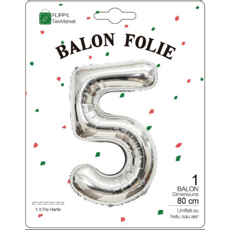 Balon din Folie Metalizata, Cyrax, Figurina Cifra, Tema Aniversare 80 cm, Ambalaj Individual, Pai inclus, Umflare cu Aer sau Heliu, Argintiu, Cifra 5