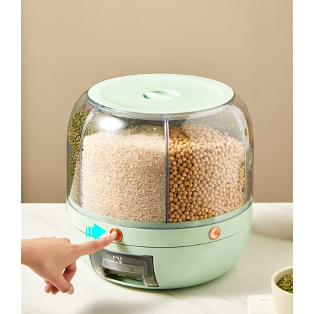 Dozator de cereale Cyrax, rotativ 360, 6 compartimente, capacitate 6 L, rezistent la umezeala, inchidere etansa, verde deschis