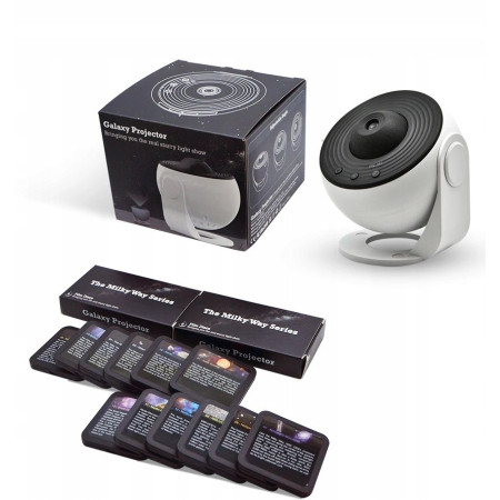 Lampa Tip Proiector Galaxie,  pentru Dormitor, Tematica Cer Instelat, Model Glob, HD, Rotire 360 de Grade, 20 de Imagini, Incarcare USB, 10 W, 15x15 cm, Alb Negru