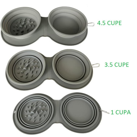 Bol Dublu pentru Animalul de Companie,  din Silicon, Pliabil, Inaltime Reglabila, Antialunecare, 42 x 21 x 5 cm, Gri