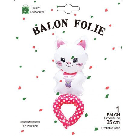 Balon din Folie Metalizata, Cyrax, Figurine Animalute, Tip Bratara, Model Pisica, 13 x 35 cm, Ambalaj Individual, Pai Inclus, Umflare cu Aer sau Heliu, Alb
