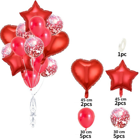 Set 14 Baloane din Folie Metalizată si din Latex, Cyrax, Figurine Stea si Inima 45 cm, Baloane Latex 30 cm, Tema Buchet, Ambalaj Individual, Pai Inclus, Umflare cu Aer sau Heliu, Rosu