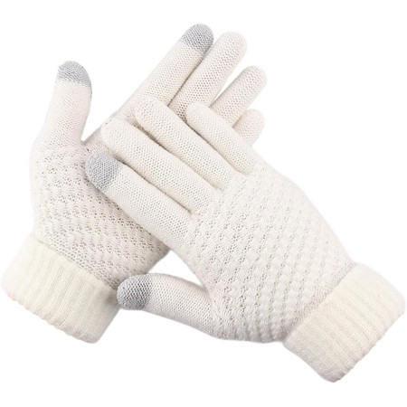 Manusi de Dama,  Functie Touchscreen (ecran tactil), Material Acril Tricotat, Manseta Elastica, Interior Catifelat, Marime Universala, Alb