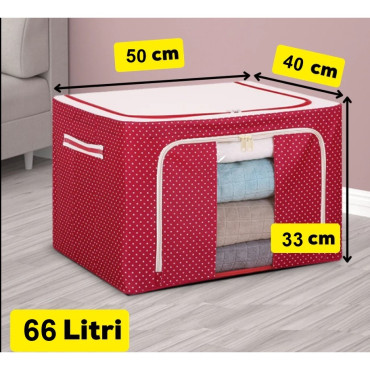 Cutie de Depozitare Pliabila,  66 L, din Tesatura Oxford, 50x40x33 cm, Fereastra Frontala, 2 Usi de Acces cu Fermoar Bidirectional, Cadru Metalic, Suport Baza Stabil din Plastic, Imprimeu Buline, Rosu