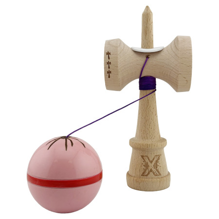 Kendama X Originala Silken, Profesionala, Cyrax, Cupe Mari KING SIZE V3, Super Sticky, Gaura in Baza, Rulment Metalic, din lemn 18 cm, Ata 55 cm, Roz