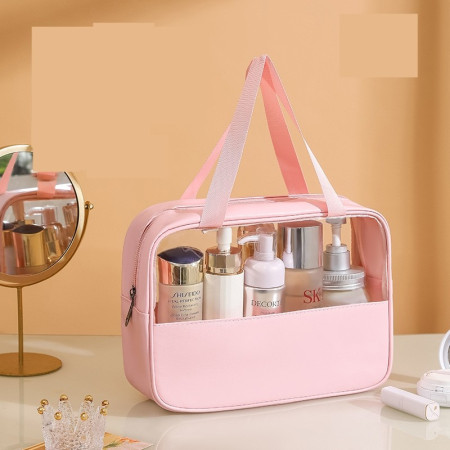 Geanta cosmetice Cyrax, pentru voiaj sau organizare, material PVC/textil, impermeabila, portabila, 30 x 21 x 12 cm, roz