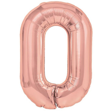 Balon din Folie Metalizata Cyrax, Figurina Cifra, Tema Aniversare 40 cm, Ambalaj Individual, Pai inclus, Umflare cu Aer sau Heliu, Rose Gold, Cifra 0