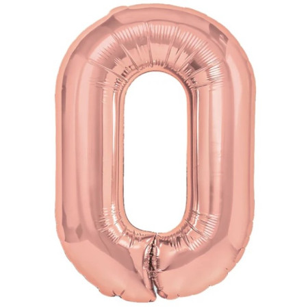 Balon din Folie Metalizata Cyrax, Figurina Cifra, Tema Aniversare 40 cm, Ambalaj Individual, Pai inclus, Umflare cu Aer sau Heliu, Rose Gold, Cifra 0