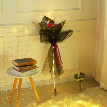 Set Buchet Decorativ, Cyrax, Trandafir in Balon cu Lumini Led, Diametru 35 cm, 2 x Baterii AA (neincluse), Rosu/Negru