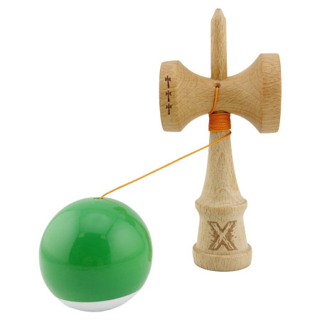 Kendama X Originala, Profesionala, Cyrax, Big Cups V2, Super Sticky cu Cupe Mari, din lemn 18 cm, Rulment Metalic cu Ata 55 cm, Verde/Alb