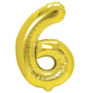 Balon din Folie Metalizata Cyrax, Figurina Cifra, Tema Aniversare 100 cm, Ambalaj Individual, Pai inclus, Umflare cu Aer sau Heliu, Auriu, Cifra 6