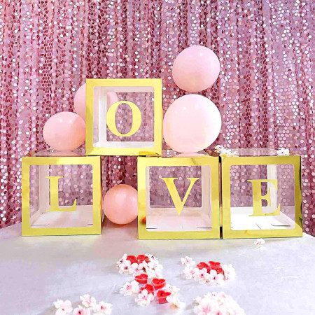 Set 4 Cutii pentru Baloane, Cyrax, Model Simplu, Tematica Aniversare, Cuburi Decorative din Plastic, Accesorii pentru Petrecere, 30 x30 cm, Transparente Contur Auriu