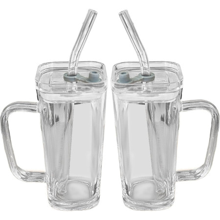 Pahar pentru Racoritoare, Cyrax, din Sticla, 330 ml, cu Pai si Maner, Model Clear, Transparent