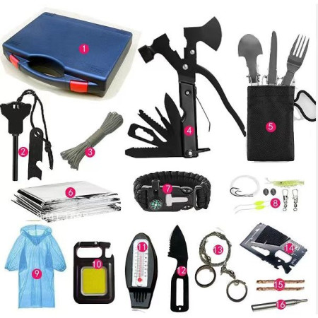 Kit Supravietuire Multifunctional  Instrumente Profesionale, Sub Forma de Trusa, pentru Camping, Drumetii si Aventuri in Aer Liber, Albastru