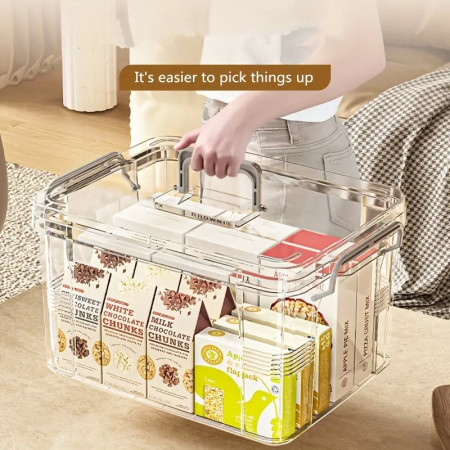 Cutie De Depozitare,  Tip Valiza, pentru Alimente, Jucarii, Accesorii, Transparent-Gri, Marime L, 38.5x27.5x22 cm