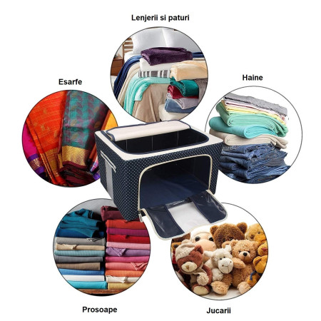 Cutie de Depozitare Pliabila,  Cu Fermoar, 66 L, Textil, 50 x 40 x 33 cm, Cadru Metalic, Suport Baza Stabil din Plastic, Imprimeu Buline, Albastru Marin