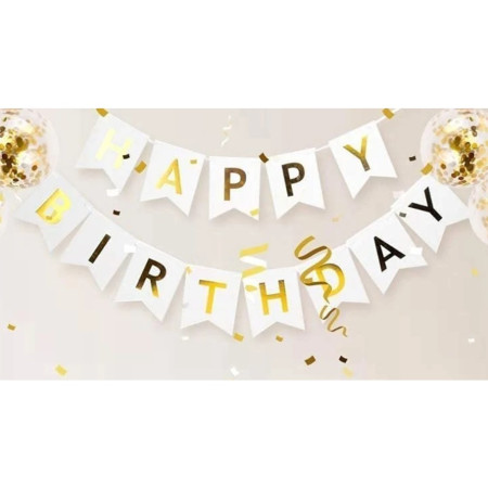 Banner Happy Birthday 100x200 cm, Cyrax, Dimensiune Stegulet 11.5x16.5 cm, Rola de Ata Inclusa, Alb