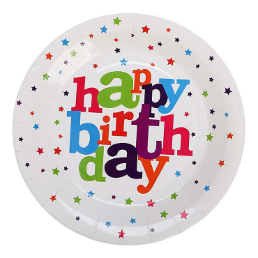 Set 6 Farfurii de Unica Folosinta, Cyrax, Colectia Happy Birthday, 23 cm, din Carton Laminat, Multicolor