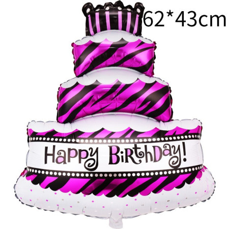 Balon din Folie Metalizata, Cyrax, Model Tort cu 4 Straturi, Balon Aniversar, Model Happy Birthday, 62x43 cm, Ambalaj Individual, Pai inclus, Umflare cu Aer sau Heliu, Mov