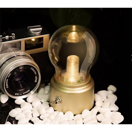 Lampa LED Decorativa sub forma de Bulb, Retro pentru interior, Bej/ Transparent, 5 V, 500 mA, ABS, Lumina Calda, Incarcare USB, Autonimie 12 Ore, Comutator Metalic,  11x7x6 cm