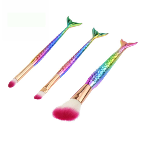 Set 3 Pensule pentru Machiaj Cyrax, in Forma de Sirena, Electroplacate, Detalii Fine, Maner Ergonomic, Peri din Fibra Moale, Multicolor