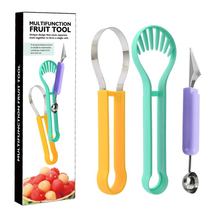 Ustensila bucatarie 4 in 1 pentru taiat si decorat fructe Cyrax, material inox si plastic, compact, 28x6.2 cm, multicolor