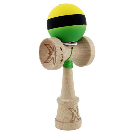 Kendama X Originala, Profesionala, Cyrax, Cupe Mari KING SIZE V3, Rubber Grip, Gaura in Baza, Rulment Metalic, din lemn 18 cm, Ata 62/65 cm, M Galben/Negru/Verde